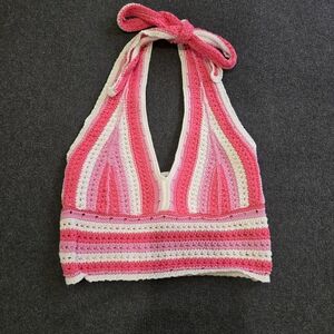 Hollister Pink and White Crochet Halter Top
